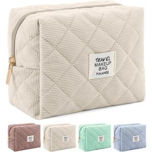 MAANGE Women Cosmetic Purse Corduroy Makeup Pouch Cute Makeup Bag Beige